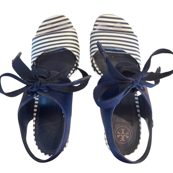 Tory Burch Maritime Stripe Wedge Sandals Women’s Size 7.5 - Picture 6 of 16